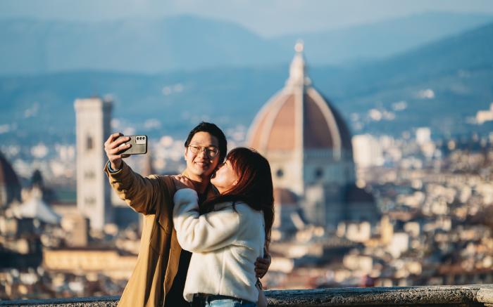 couple on vacation taking a selfie